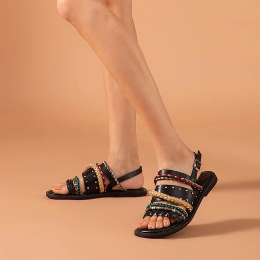 Cow Leather Mixed Color Braided Strap Slingback Sandals