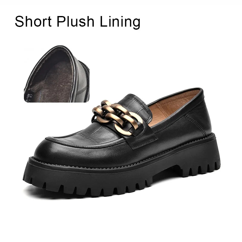 Chunky Women's Genuine Leather Platform Shoes Round Toe Metal Chain Slip on Loafers