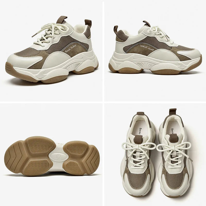Mesh Leather Platform Mixed Colors Chunky Sneakers