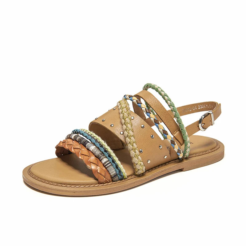 Cow Leather Mixed Color Braided Strap Slingback Sandals