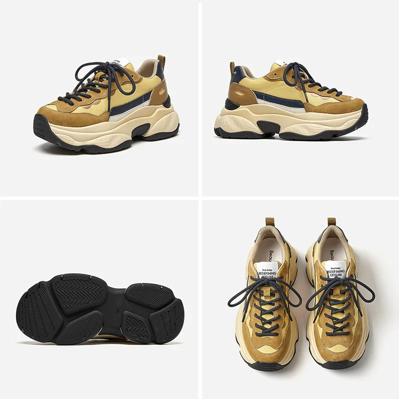 Suede Leather Breathable Mesh Mixed Color Thick Sole Platform Sneakers