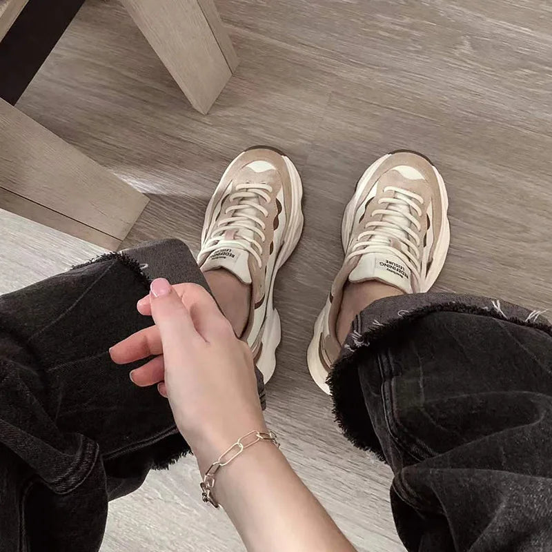 Suede Leather Breathable Mesh Mixed Color Thick Sole Platform Sneakers