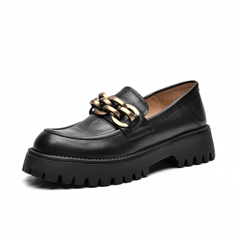 Chunky Women's Genuine Leather Platform Shoes Round Toe Metal Chain Slip on Loafers