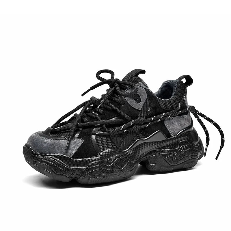 Mesh Leather Patchwork Double Lace-Up Platform Chunky Sneakers