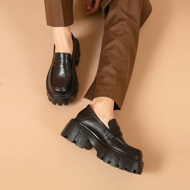 Cow Leather Slip On Chunky Sole Penny Loafers