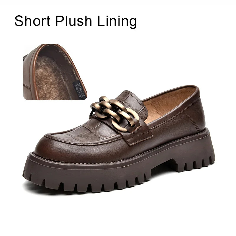 Chunky Women's Genuine Leather Platform Shoes Round Toe Metal Chain Slip on Loafers