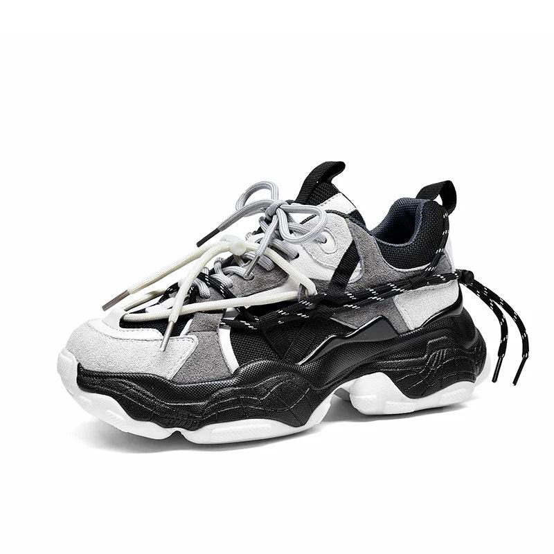 Mesh Leather Patchwork Double Lace-Up Platform Chunky Sneakers