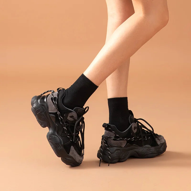Mesh Leather Patchwork Double Lace-Up Platform Chunky Sneakers