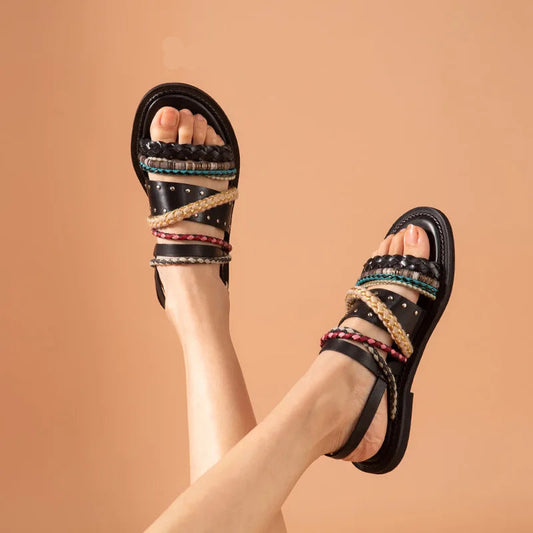 Cow Leather Mixed Color Braided Strap Slingback Sandals