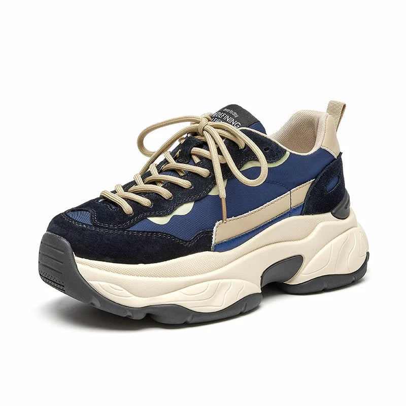 Suede Leather Breathable Mesh Mixed Color Thick Sole Platform Sneakers