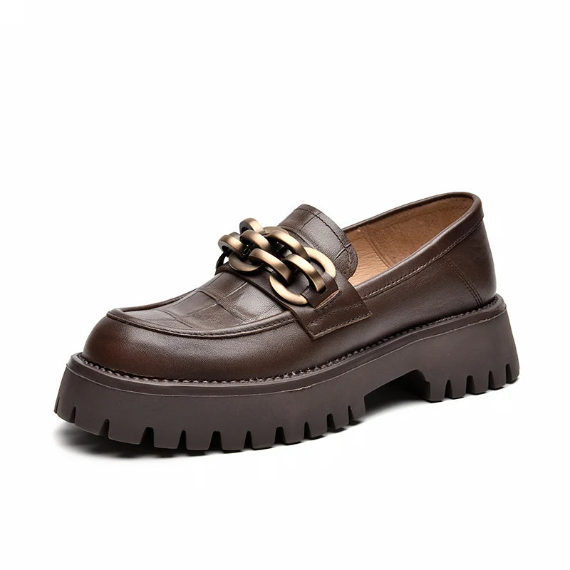Chunky Women's Genuine Leather Platform Shoes Round Toe Metal Chain Slip on Loafers
