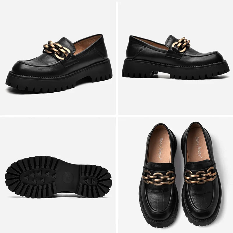 Chunky Women's Genuine Leather Platform Shoes Round Toe Metal Chain Slip on Loafers