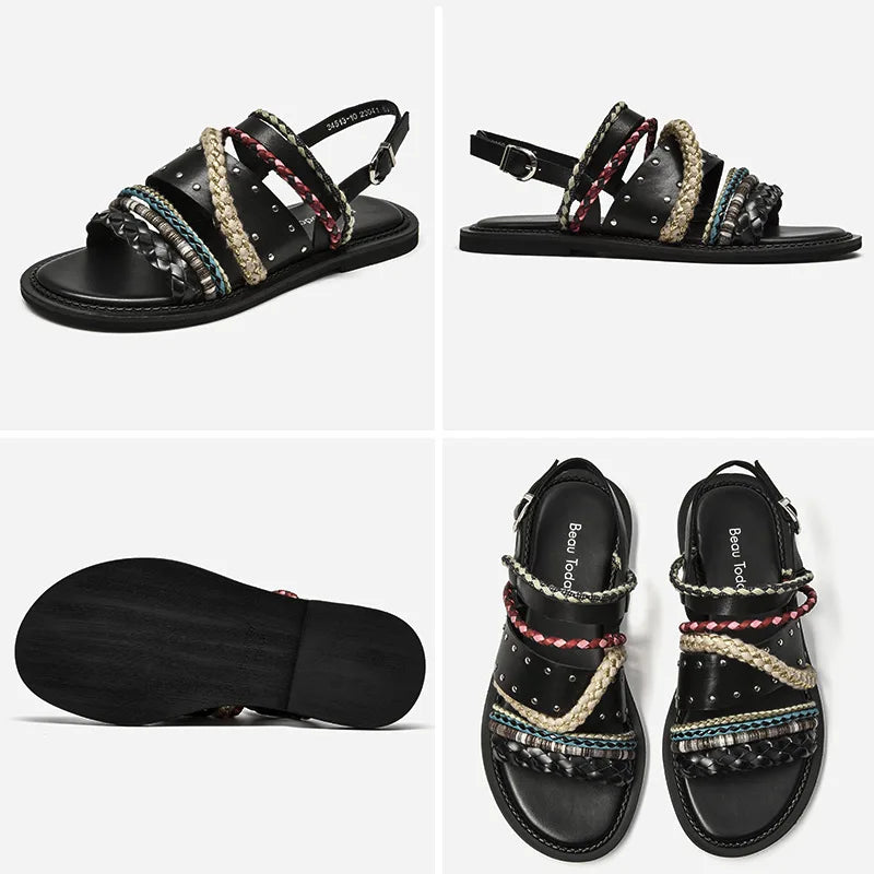 Cow Leather Mixed Color Braided Strap Slingback Sandals