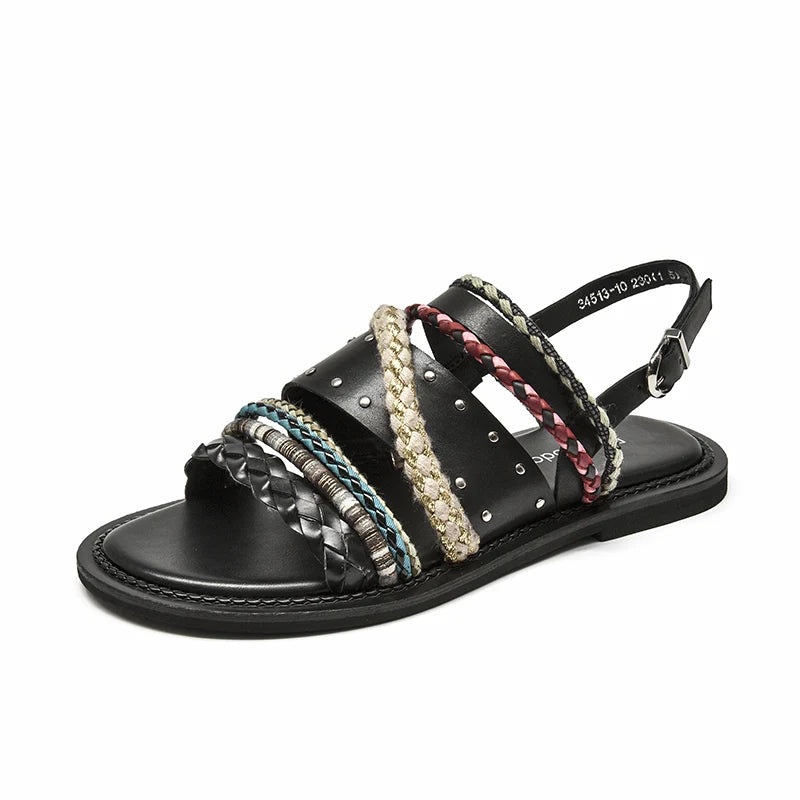 Cow Leather Mixed Color Braided Strap Slingback Sandals