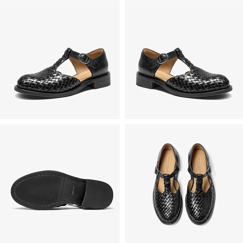 Cow Leather Weave Buckle Strap Solid Color Retro Mary Janes