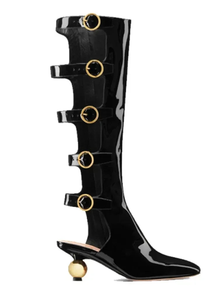 Low Heel Lacquered Leather Boots with Empty Rear Metal Buckle