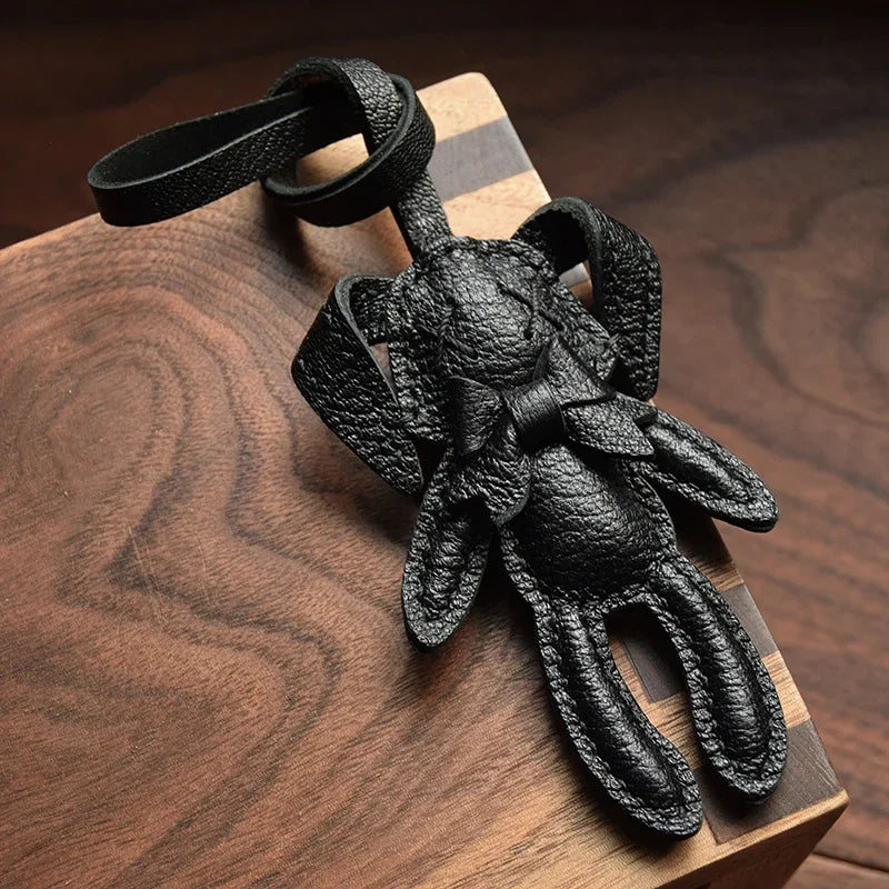 Handmade Leather Cute Rabbit Bag Charm Keychain Key Ring for gift