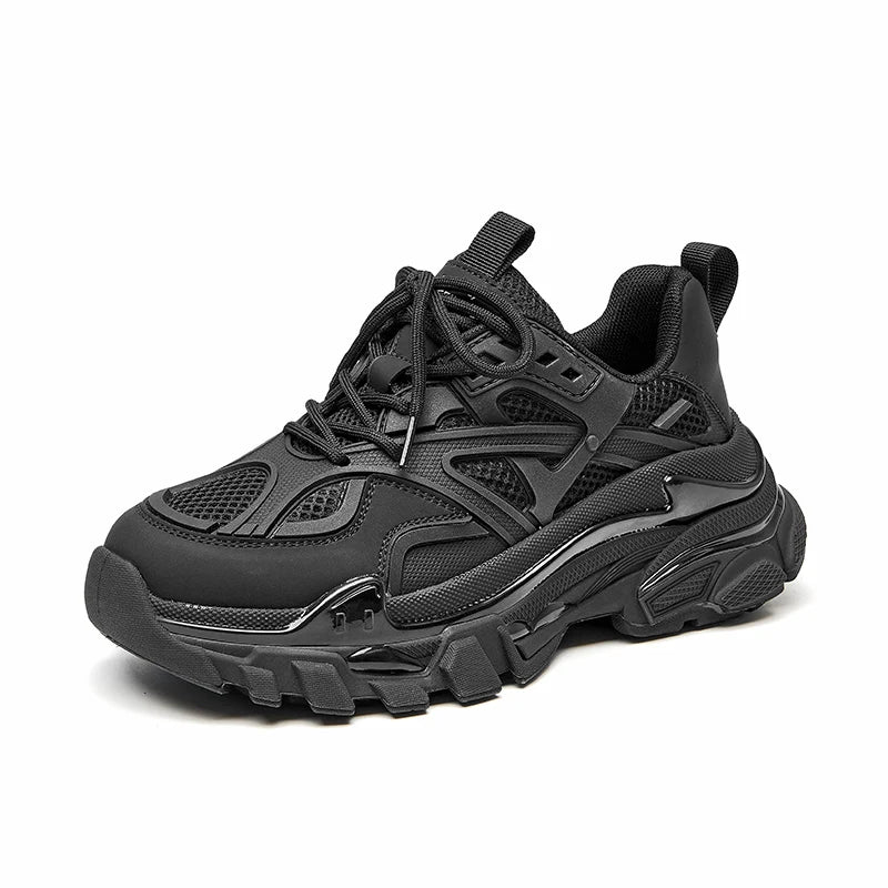 Women's Chunky Synthetic Leather Mesh Patchwork Round Toe Lace-Up Sneakers