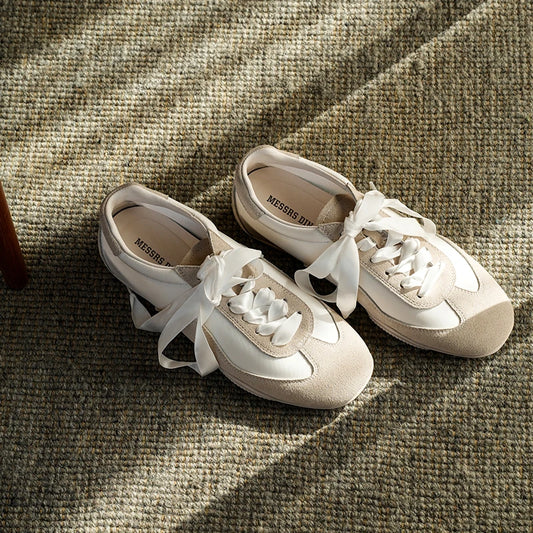 Cow Suede Leather Patchwork Ribbon Lace-up Ballet Sneakers