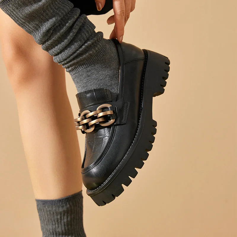 Chunky Women's Genuine Leather Platform Shoes Round Toe Metal Chain Slip on Loafers