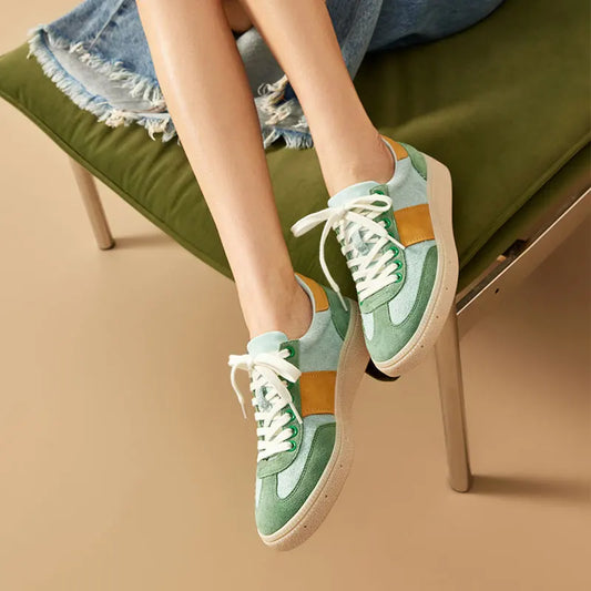Cow Suede Leather Round Toe Lace-Up Patchwork Sneakers