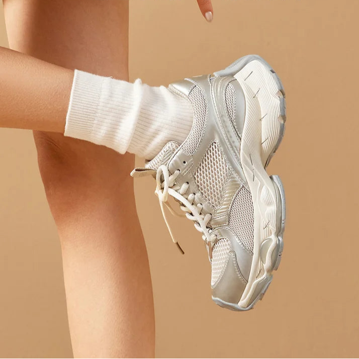 Split Leather Mesh Round Toe Lace-up Thick Sole Chunky Sneakers
