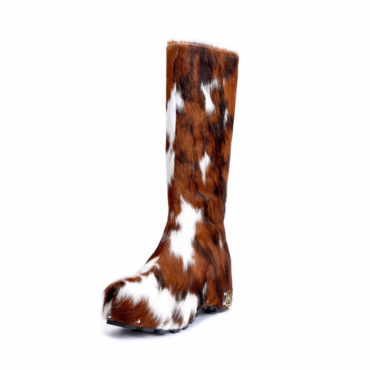 Handmade Real Calf Hair Platform Knee-High Studded Boots | Genuine Wool Lining