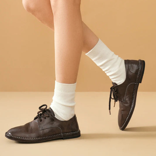 Genuine Horse Leather Solid Color Round Toe Lace-up Classic Oxfords