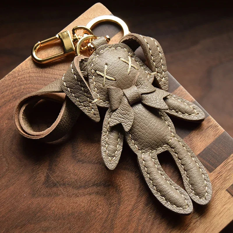 Handmade Leather Cute Rabbit Bag Charm Keychain Key Ring for gift