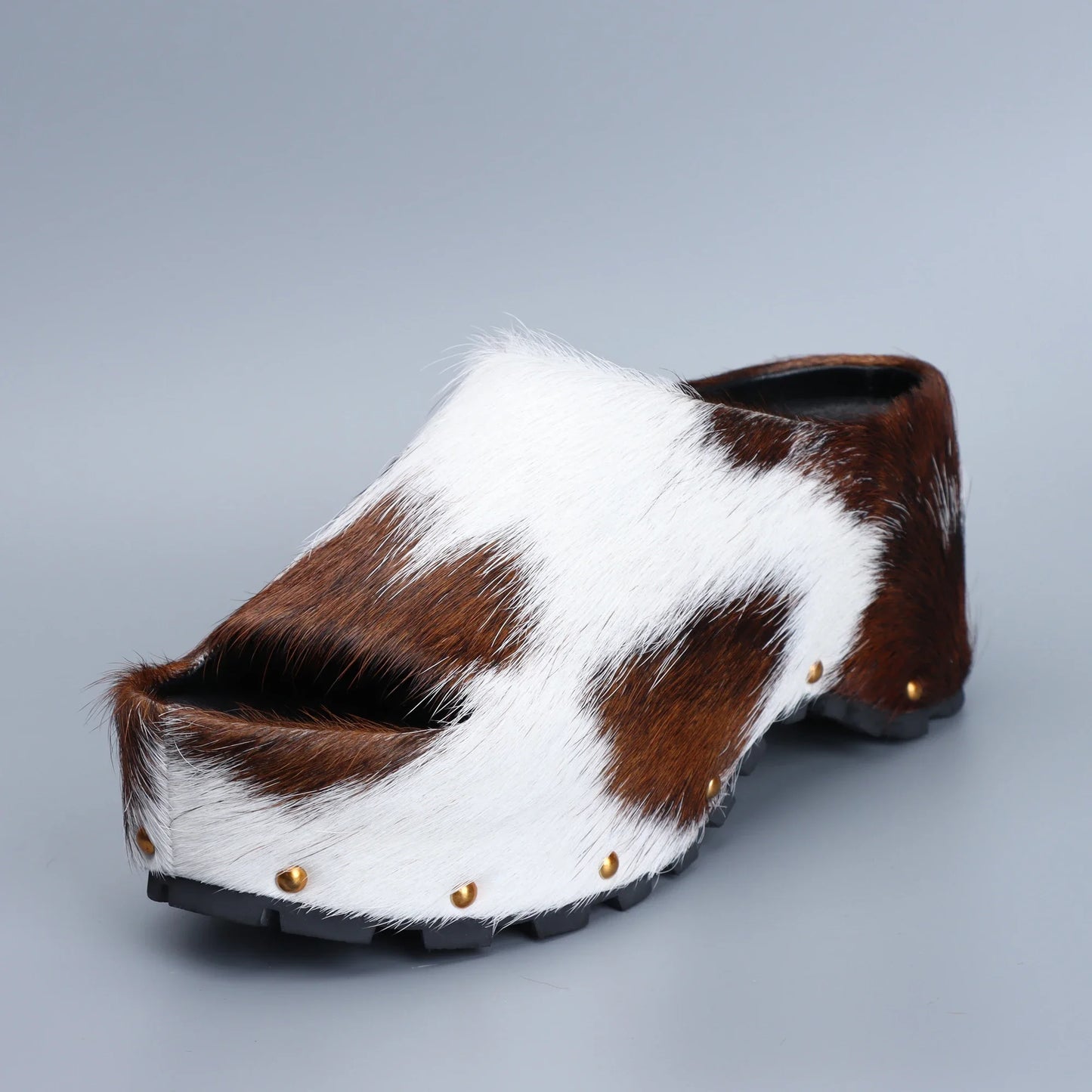 Real Calf Hair Leather Lined Slip On Platform Mules Clogs