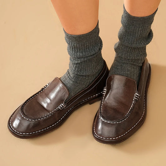 Horse Leather Round Toe Retro Slip-on  Loafers