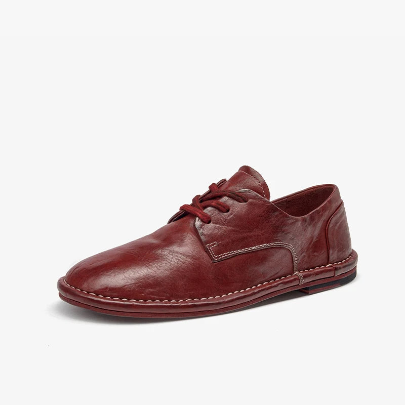 Genuine Horse Leather Solid Color Round Toe Lace-up Classic Oxfords