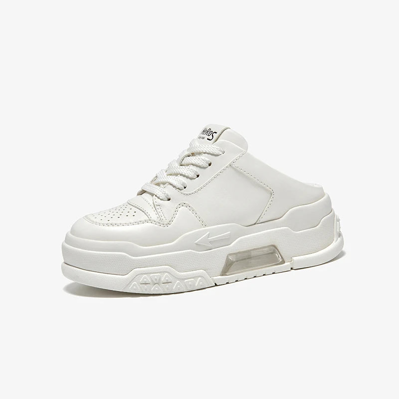 White sneaker with a brand logo on a light gray background