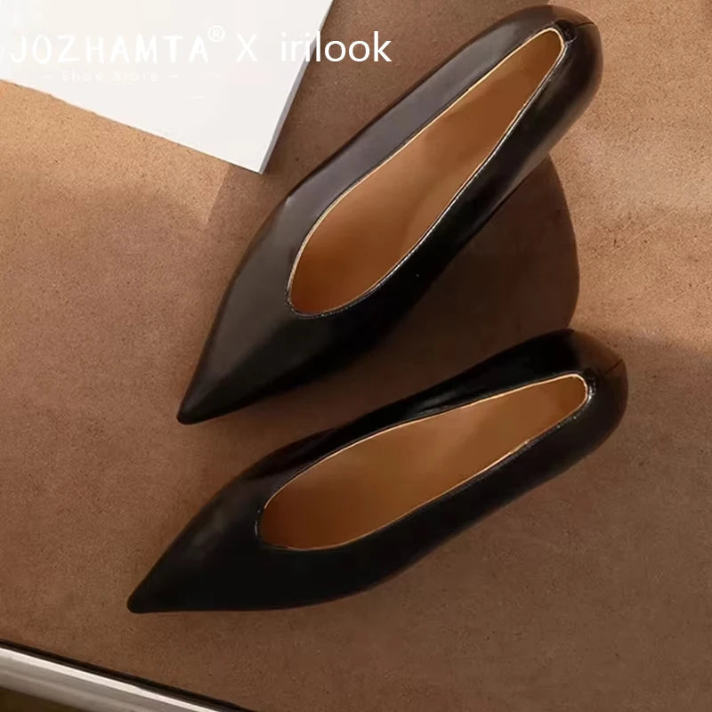 JOZHAMTA  Size 34-43 2025  Fashion High Heels Women Pumps Shoes News Real Leather Party Summer Pointed Toe Dress Wedge Shoes