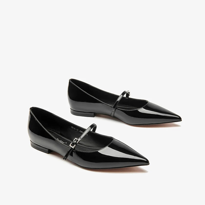 Patent Leather Pointed Toes Buckle Straps Solid Mary Jane Flats