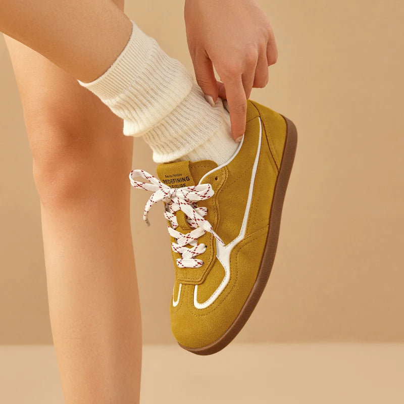 Cow Suede Leather Mixed Colors Lace-up Patchwork Round Toe Skate Sneakers