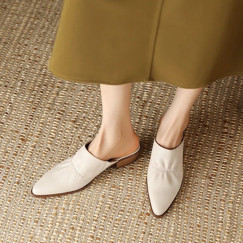 Real Leather Chunky Heel Mule Slides