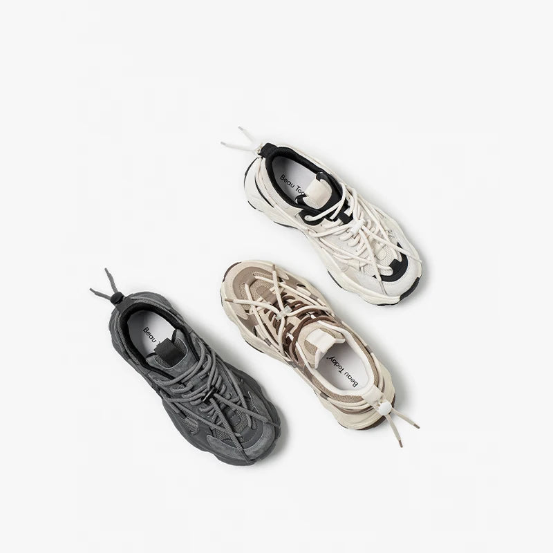 Chunky Casual Mesh Mixed Color Lace Up Thick Heel Shoes