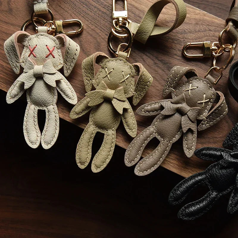 Handmade Leather Cute Rabbit Bag Charm Keychain Key Ring for gift