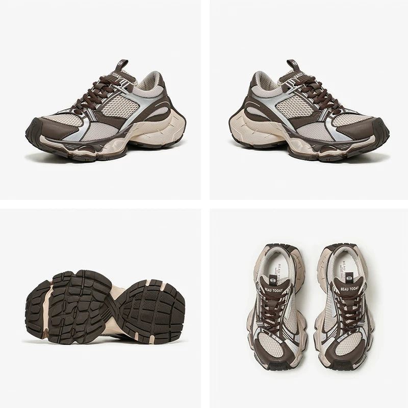 Split Leather Mesh Round Toe Lace-up Thick Sole Chunky Sneakers