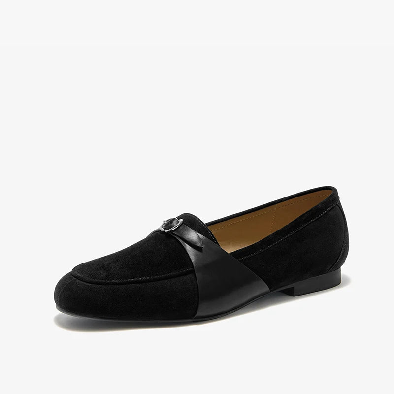 BEAUTODAY Flat Loafers Women Kid Suede Leather Splicing Buckle Decoration Retro Fashion Leisure Shoes Female Handmade 27307