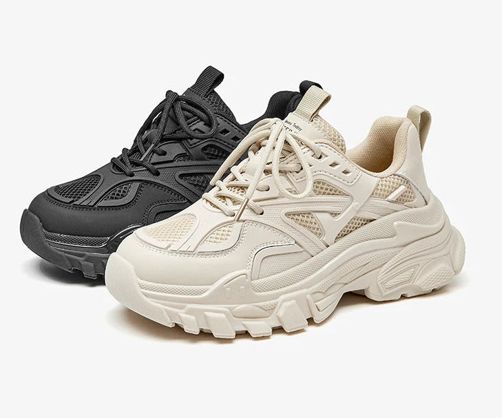 Women's Chunky Synthetic Leather Mesh Patchwork Round Toe Lace-Up Sneakers