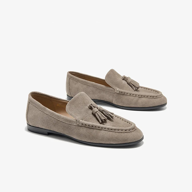 Kid Suede Leather Tassel Round Toe Slip On Casual Loafers