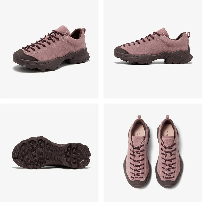 Cow Suede Leather Round Toe Lace up Platform Hiking Shoes