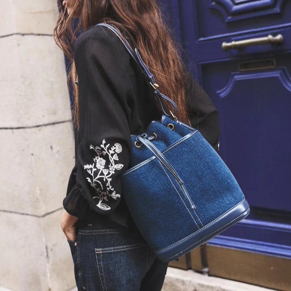 Vyne Denim & Canvas Shoulder Bucket Bag with Drawstring