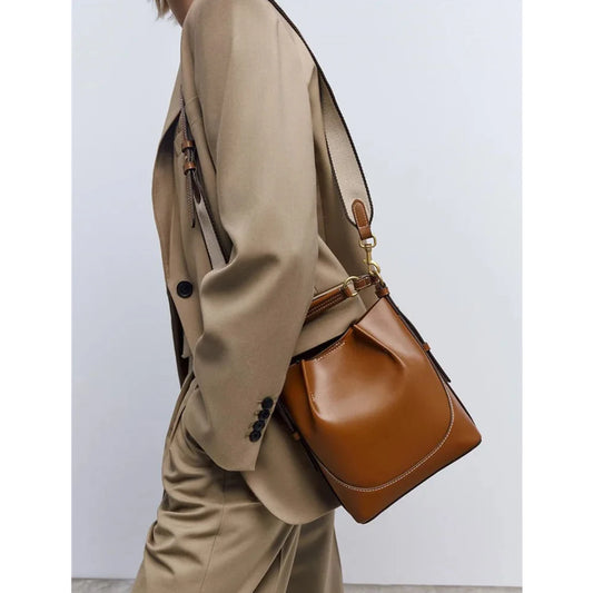 The Winona Wide Strap Bucket Bag Crossbody Shoulder Bag