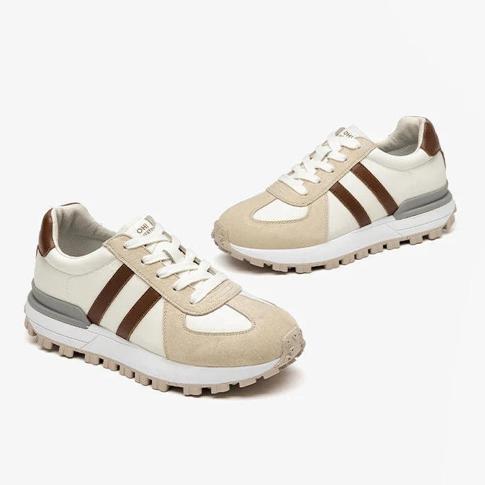 Women Pig Suede Patchwork Round Toe Thick Sole Lace-up Sneakers