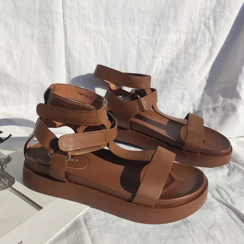 Calfskin Leather Open Toe T-Strap Gladiator Sandals
