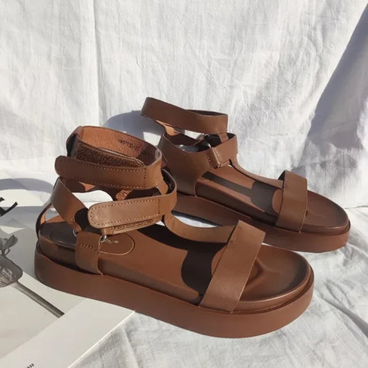 Calfskin Leather Open Toe T-Strap Gladiator Sandals
