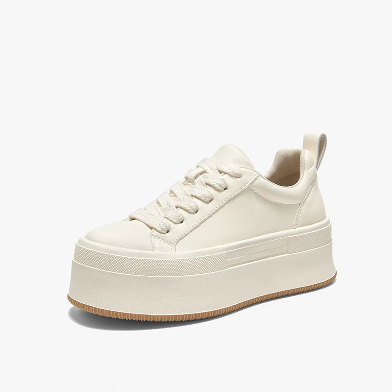 Cow Leather Platform Solid Color Round Toe Lace-up Sneakers